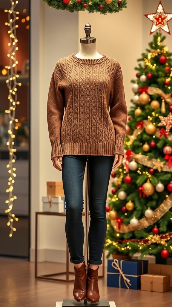 Stylish Brown Christmas Outfit Ideas Stylish brown Christmas outfit with a cable-knit sweater, dark jeans, and ankle boots against a festive backdrop.